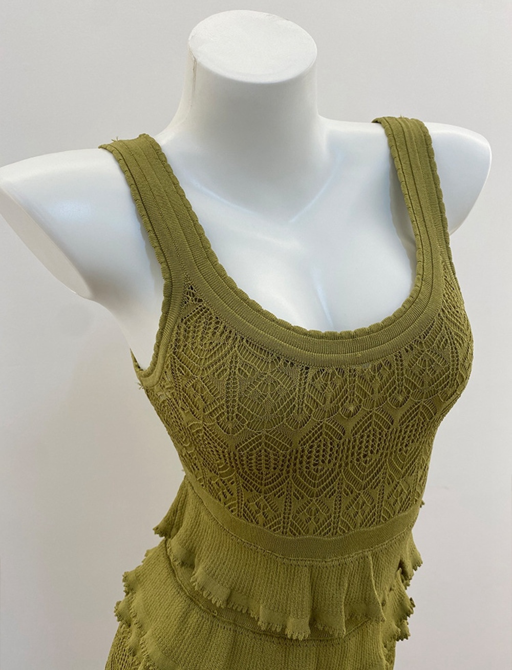 🟢Sandro Olive Green Tiered Ruffle Knit Midi Dress Sleeveless Lace - Picture 2 of 12
